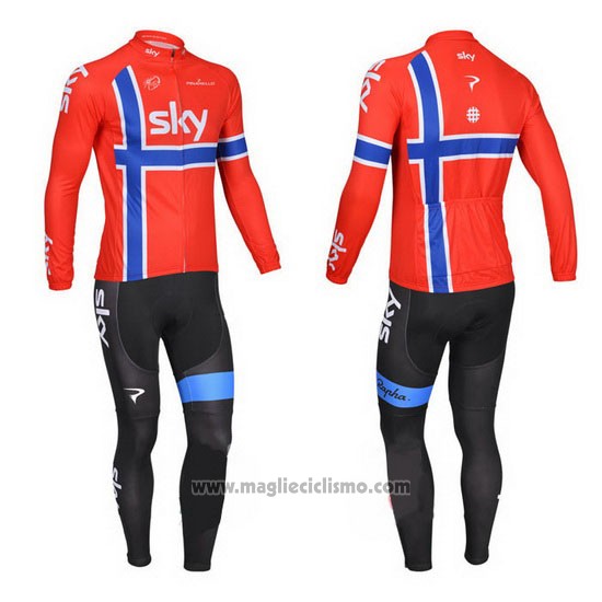 2013 Abbigliamento Ciclismo Sky Campione Norvegia Blu e Rosso Manica Lunga e Salopette